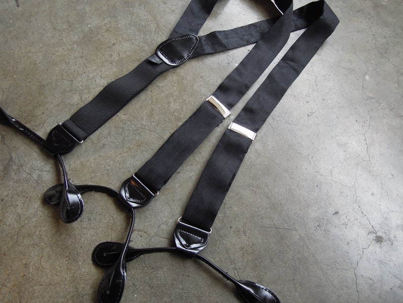 Vintage Pure Silk Black Satin Woven Patent Leather Braces Suspenders Silver Toned Hardware Fany Event Black Tie Event Suspenders 90s 1990s