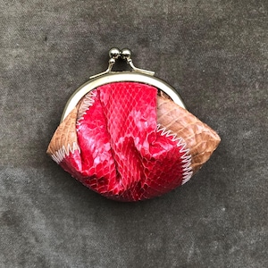 Winzige Wonton Echtleder Schlangenhaut Patchwork 70er Jahre 1980er Jahre Schnappsbeutel Münztasche 1970er 80er Jahre Vintage Geldbörse Kleine Mini Micro Rote Tan Schlange