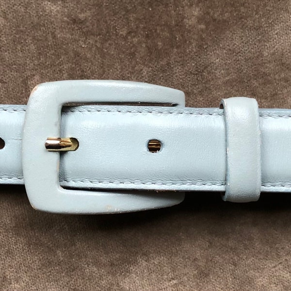 Y2K Dusty Light Blue Leather Skinny Slim Belt Self Covered Buckle 1990s 90s Vintage Size M 29 30 31 32 inch waist Robins Duck Egg Blue Italy