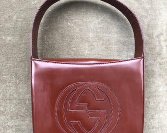 Auth GUCCI Logo GG Dark Brown Calfskin Patent Leather Mini Bag Handbag Purse Micro Hobo Vintage Bag 1990s Authentic Petite Rounded Square