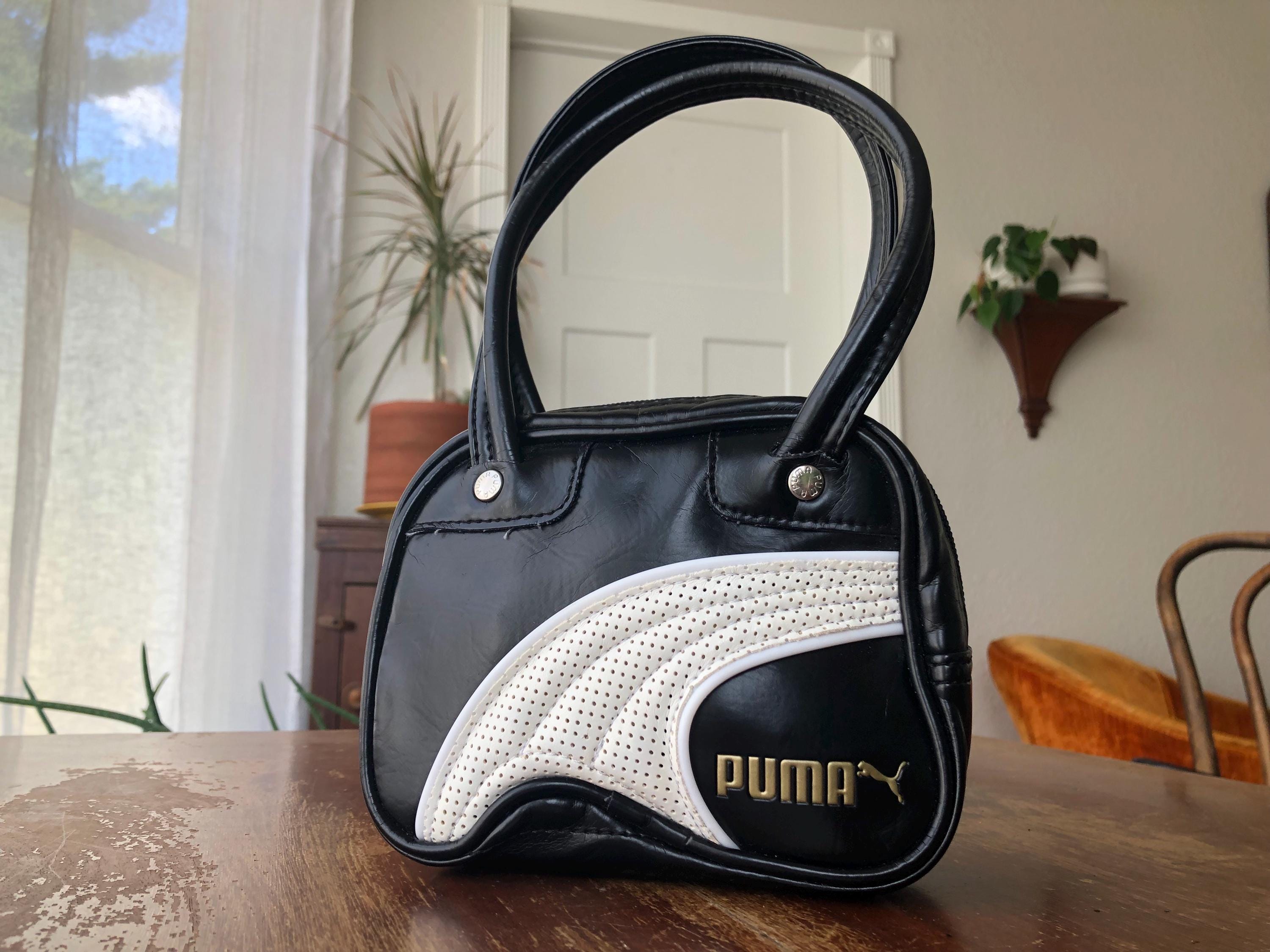 PUMA Mini Micro Black White Logo Handbag Grab Bag Small Zip Tote