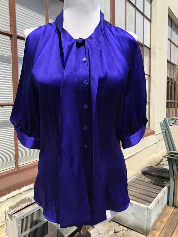 1930s 40s Insp Silk Satin Indigo Dark Blue Blouse… - image 10