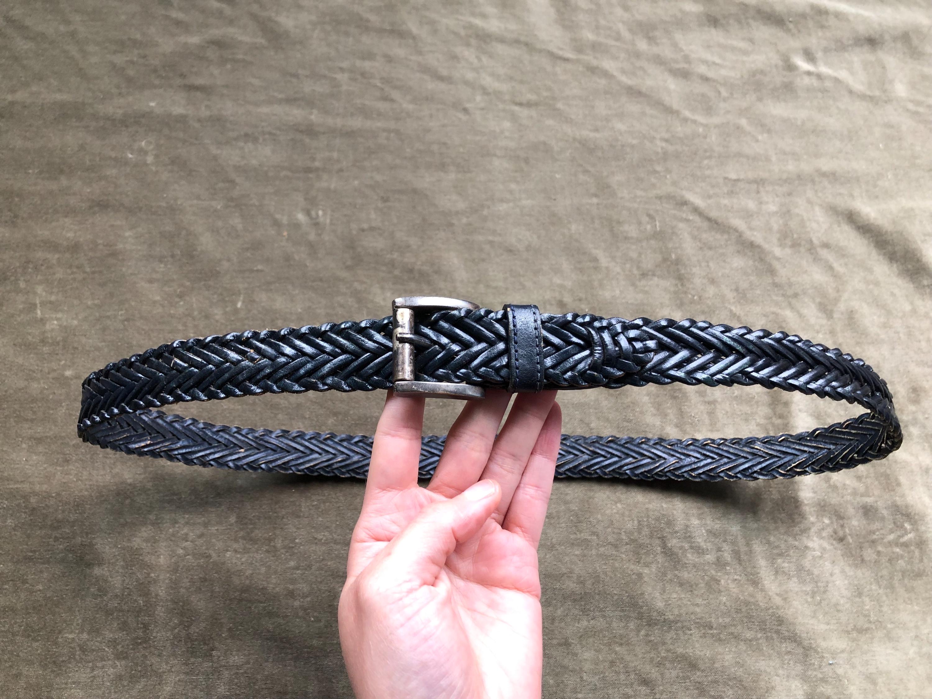 90s Dark Navy Blue Teal Leather Woven Belt India Adjustable 