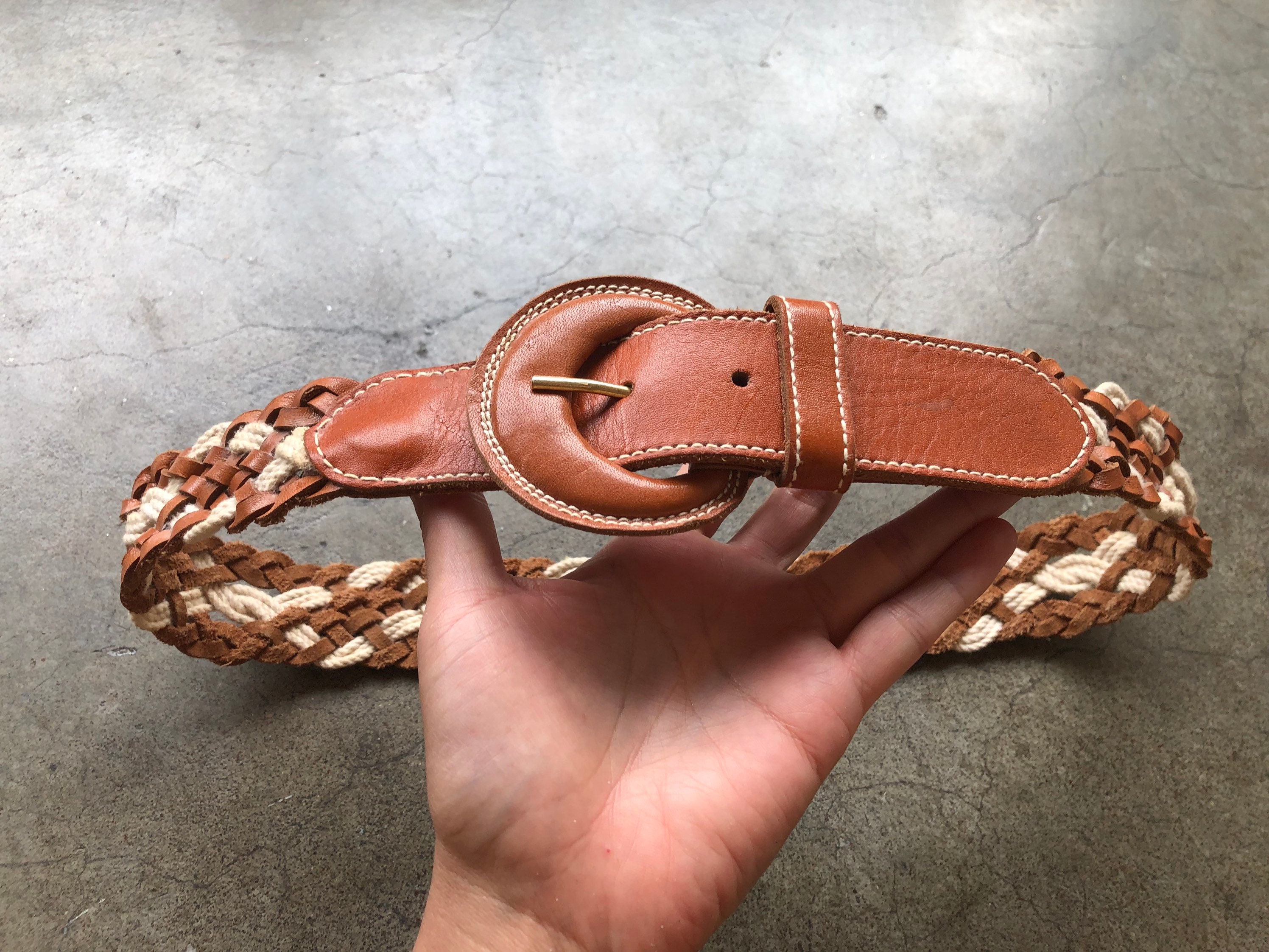70s 80s Wide Brown Tan Leather Cotton Rope Woven Belt 
