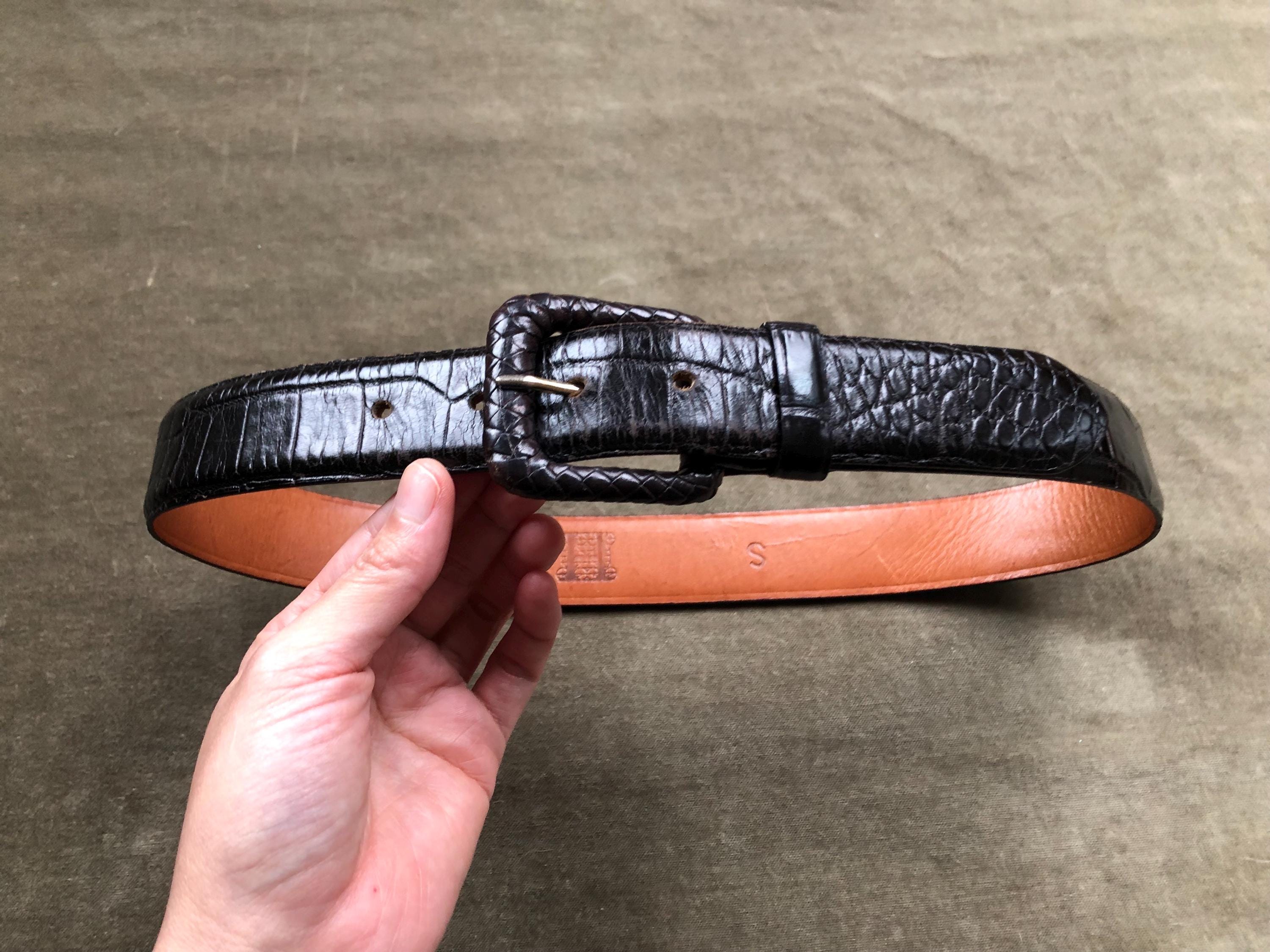 Vintage 1994 Western Boho Belt Croc-Embossed 90s Festival S Black Leather Croc Embossed Wide Western Belt Woven Wrapped  main image 4