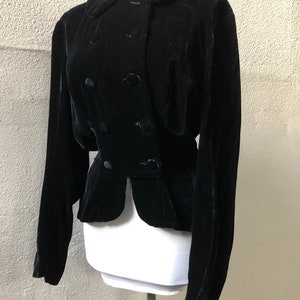 Copyright 1935 Hollywood Antique 1930s Black Silk Velvet Double Breasted Button Up Blouse Top Jacket Peplum Blazer Coat XS S 30s Vintage image 6