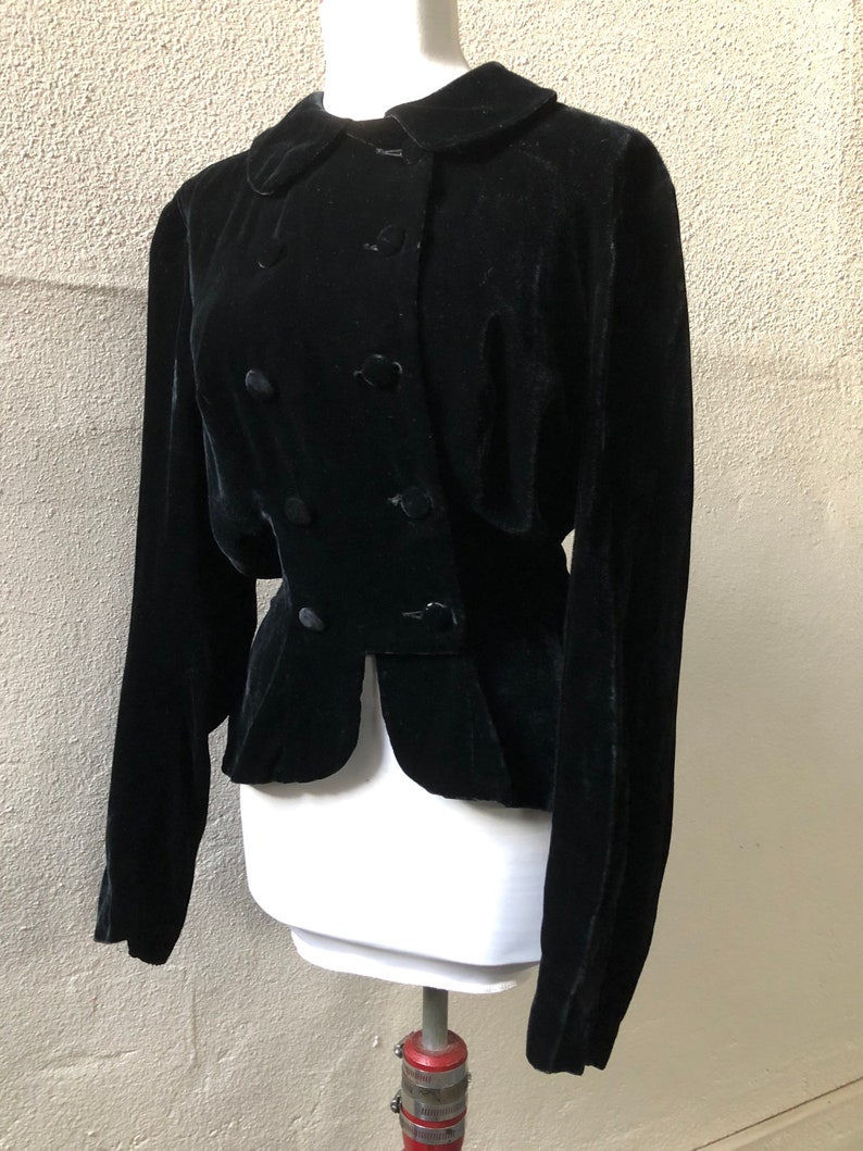 Copyright 1935 Hollywood Antique 1930s Black Silk Velvet Double Breasted Button Up Blouse Top Jacket Peplum Blazer Coat XS S 30s Vintage image 6