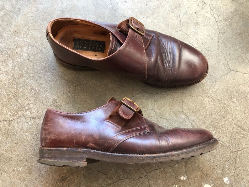 Vintage 90s Mens Barneys New York Brown Leather Monstrap Shoes Oxfords Distressed Worn 1990s Buckle Strap US Size 8.5 Round Toe Loafers