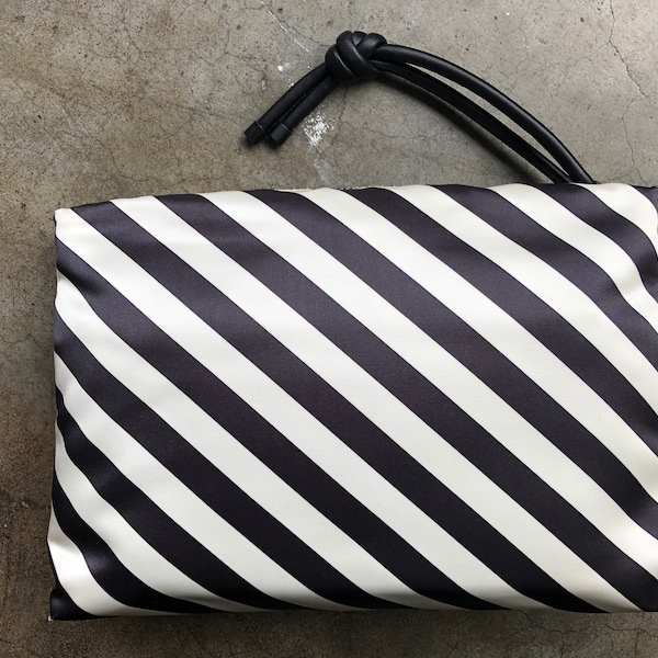 Dries Van Noten Nylon Satin Fabric Black White Diagonal Stripe Large Pochette Leather Clutch Wristlet Handbag Zip Purse Bag Suede Line Pouch