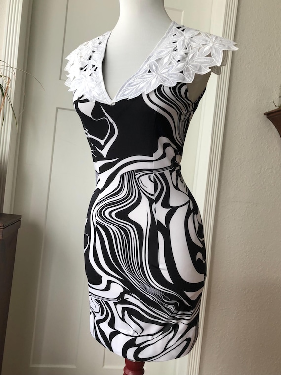 90s Y2k Handmade Black White Swirl Print Slinky Stretch Knit