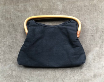 1970er 80er Jahre Schwarzes Baumwoll-Canvas Bambus Bugholzgriff Retro Kleine Handtasche Beutel Handtasche Clutch Bag Boho Portemonnaie 70er 1980er Vintage Mini-Tasche