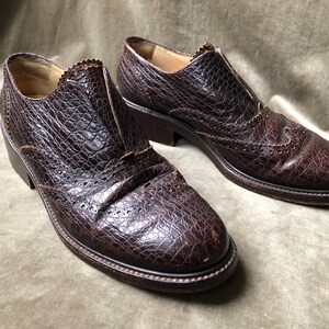 May include: A pair of brown leather shoes with a textured, crocodile-like pattern. The shoes have a lace-up front and a wingtip design.