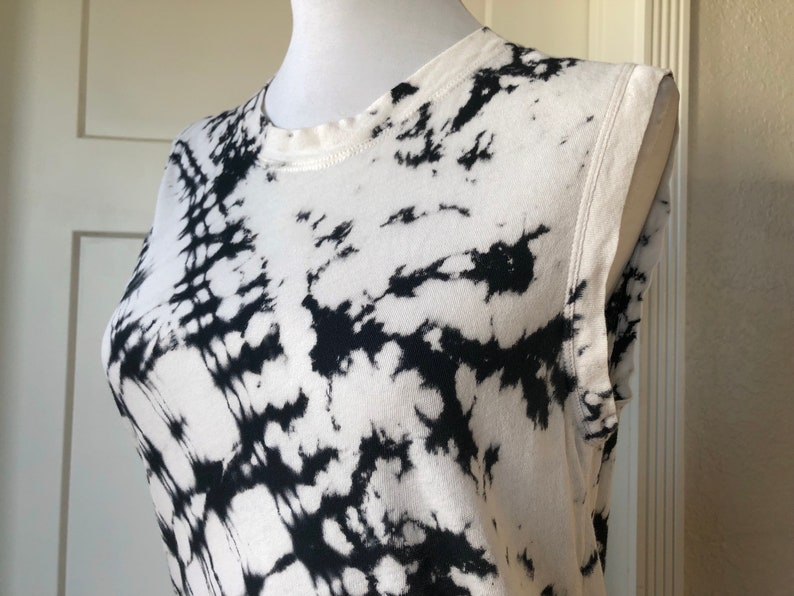 Raquel Allegra Designer Sleeveless Cotton Thin Knit Tee T Shirt Tank Distressed Tiedye Ink Splatter XS S California Boho White Black Grunge image 1