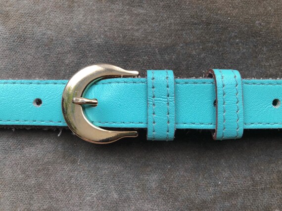 60s 70s Skinny Aqua Bright Blue Green Retro Leather Belt  display picture 1