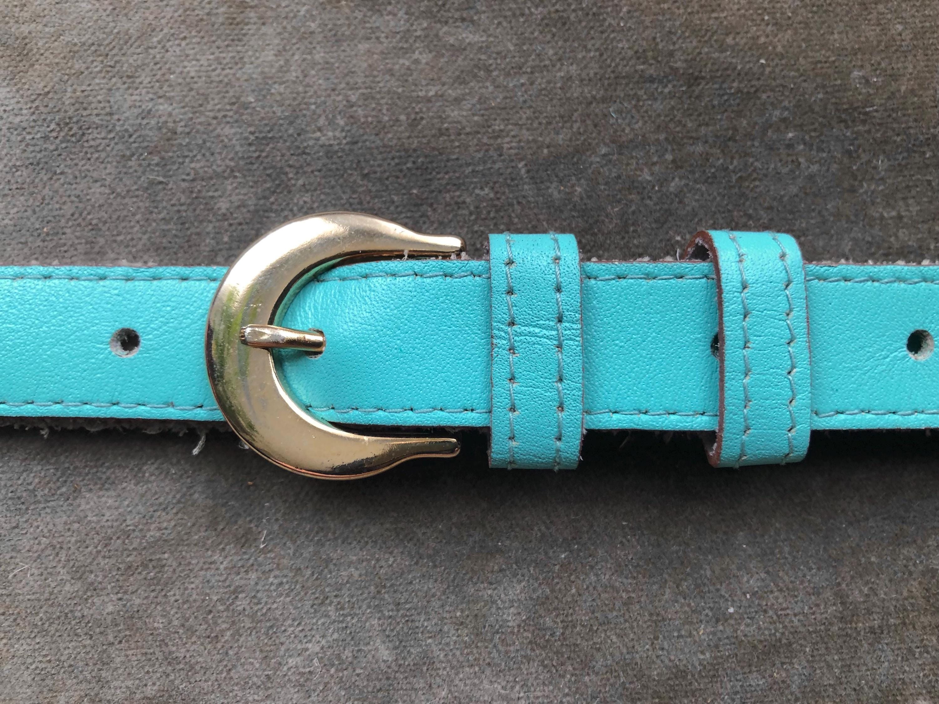 60s 70s Skinny Aqua Bright Blue Green Retro Leather Belt  display picture 1