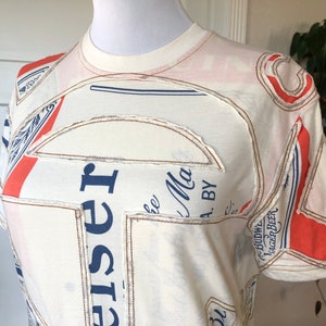 Authentic TELFAR Budweiser Customer Patchwork Sewn Tee T-Shirt Unisex Mens Womens Size XS S Telfar T Shirt Top Designer Short Sleeve Cream