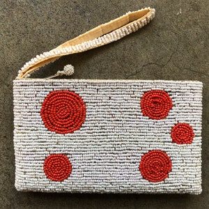 Glass Beaded White Orange Polkadot Seed Bead Cute Zip Clutch Purse Bag Wallet Wristlet Vintage Textured 1990s 90s Boho Polka Dot Dotted Mod