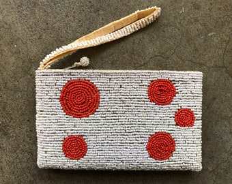Glass Beaded White Orange Polkadot Seed Bead Cute Zip Clutch Purse Bag Wallet Wristlet Vintage Textured 1990s 90s Boho Polka Dot Dotted Mod
