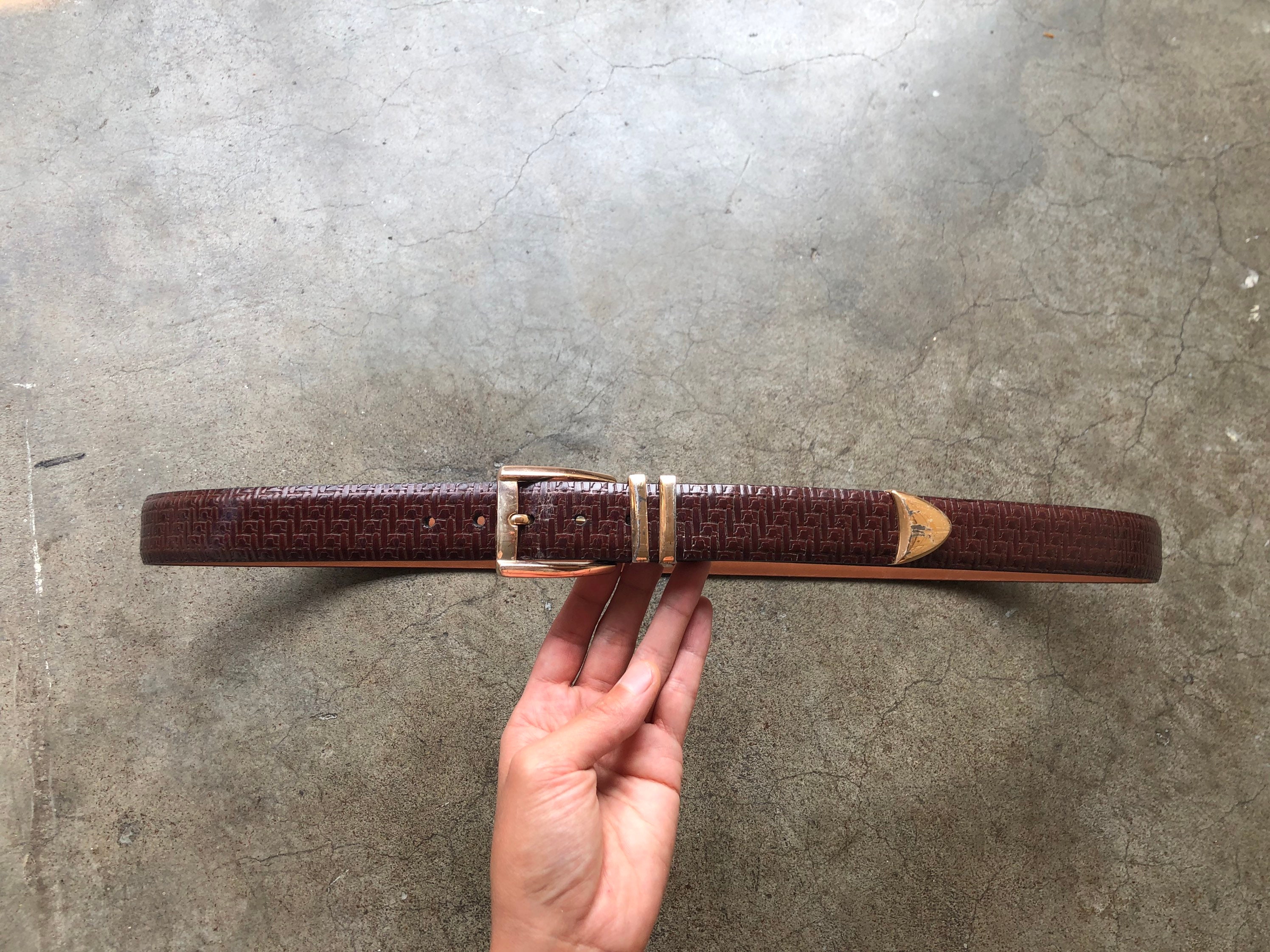 Saks Fifth Ave Brown Leather Belt Embossed Tooled Woven  display picture 1