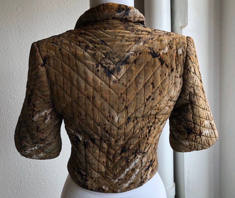 Antique 1920s 30s Silk Quilted Double Breasted Cheongsam Asian Chinese Jacket Coat Vintage 20s 1930s XS Hand Dyed Olive Gray Art Deco Bolero image 5