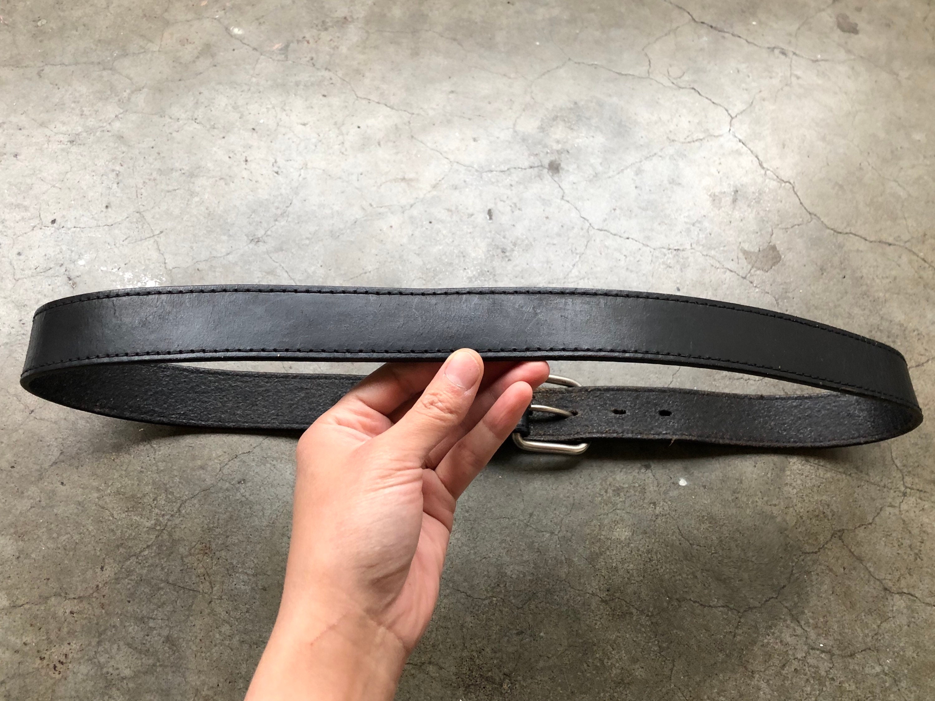 90s Rustic Heavy Black Leather Distressed Black Belt Steel