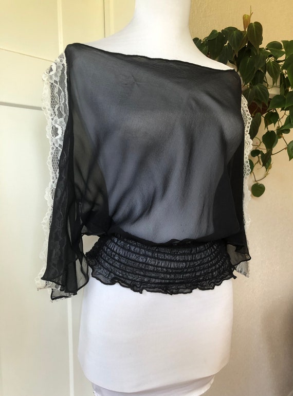 Black Sheer Silk Chiffon Boho Peasant Blouse Vint… - image 3