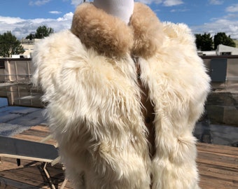 Vintage 70s ivory genuine mongolian lamb fur Jacket Vest wild Sleeveless Coat fuzzy hairy 1970s womens white cream Snap Buttons S winter ski