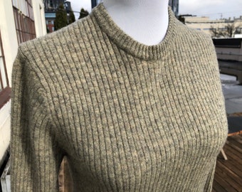 Thin Wool Ribbed Cream Beige Oatmeal Heather Grey Gray Speckle Tweed Rib Knit Pullover Sweater Thermal Top Womens A&F Vintage 1990s 90s M