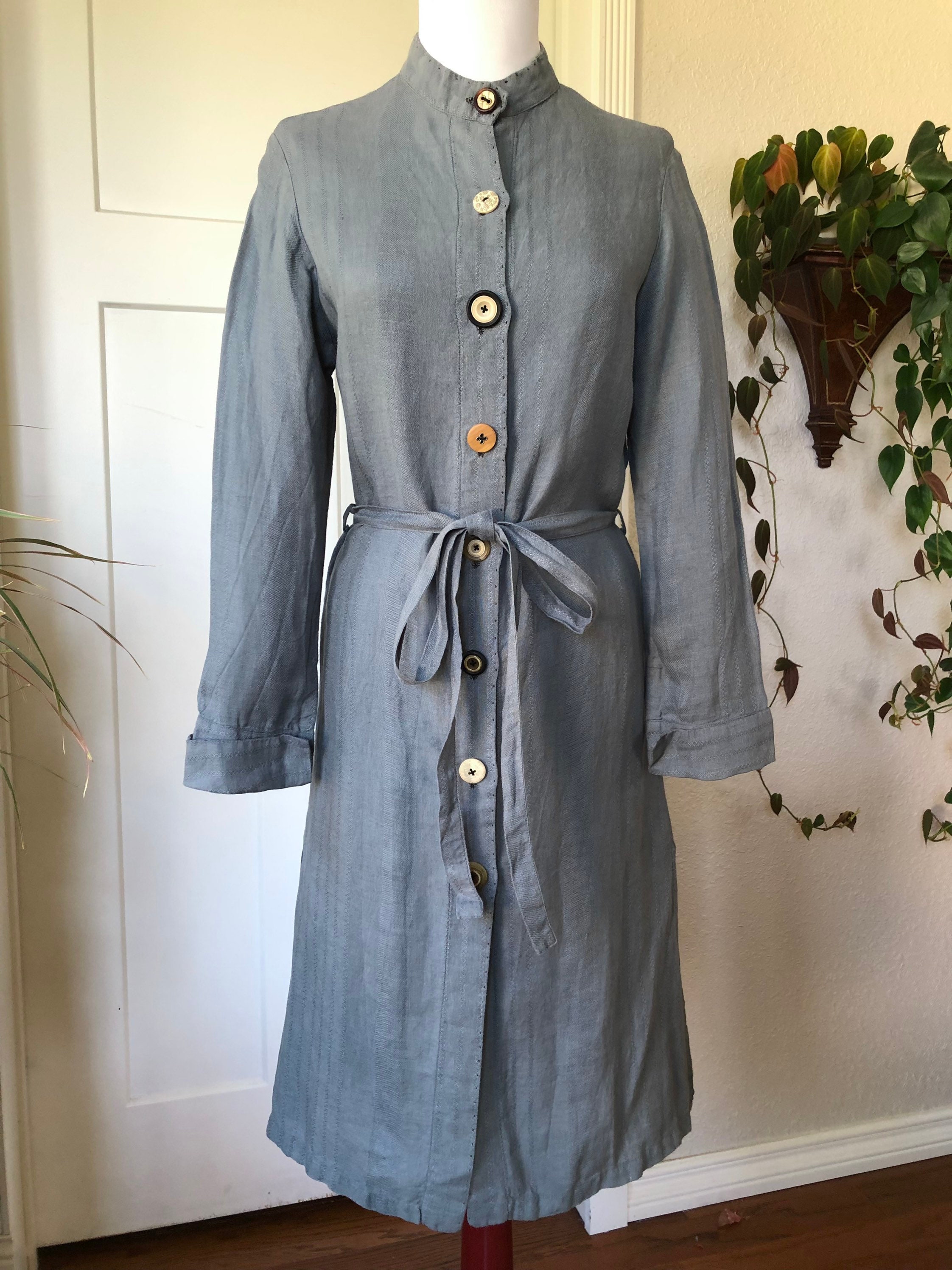 Geoffrey B. Small Womens Dusty Blue Woven Silk Cotton Belted Dress