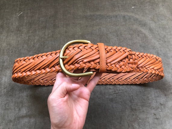 Vintage Wide Woven Tan Brown Leather Belt Braided… - image 2
