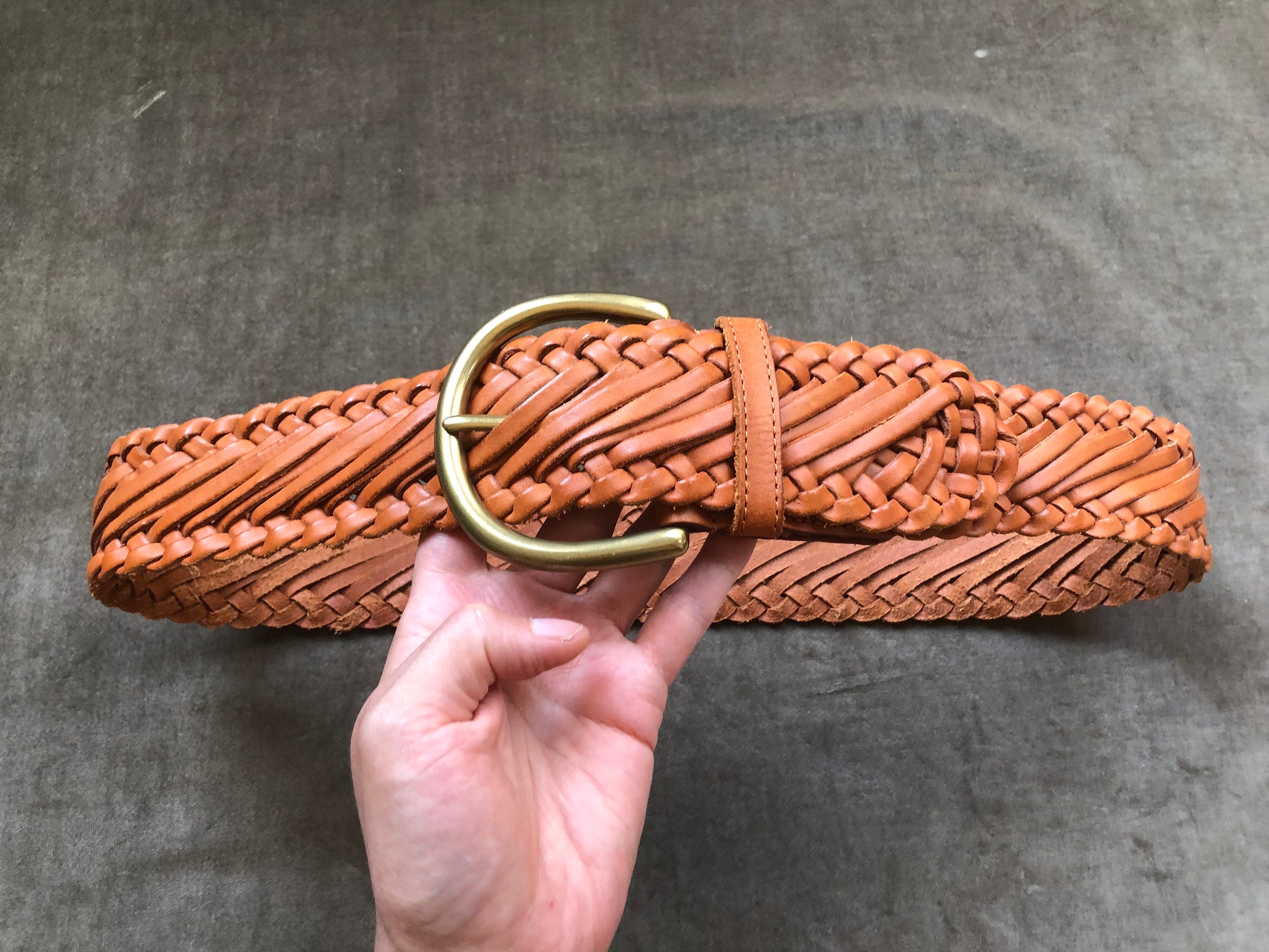 BCBGMaxAzria brown leather belt chunky braid woven cottage brass buckle  M 32\