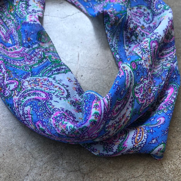 60s 70s Semi Sheer Silk Chiffon Neck Tube Foulard Floral Paisley Print Retro Infinity Necklace Scarf 1960s 1970s Vintage Blue Pink Kerchief