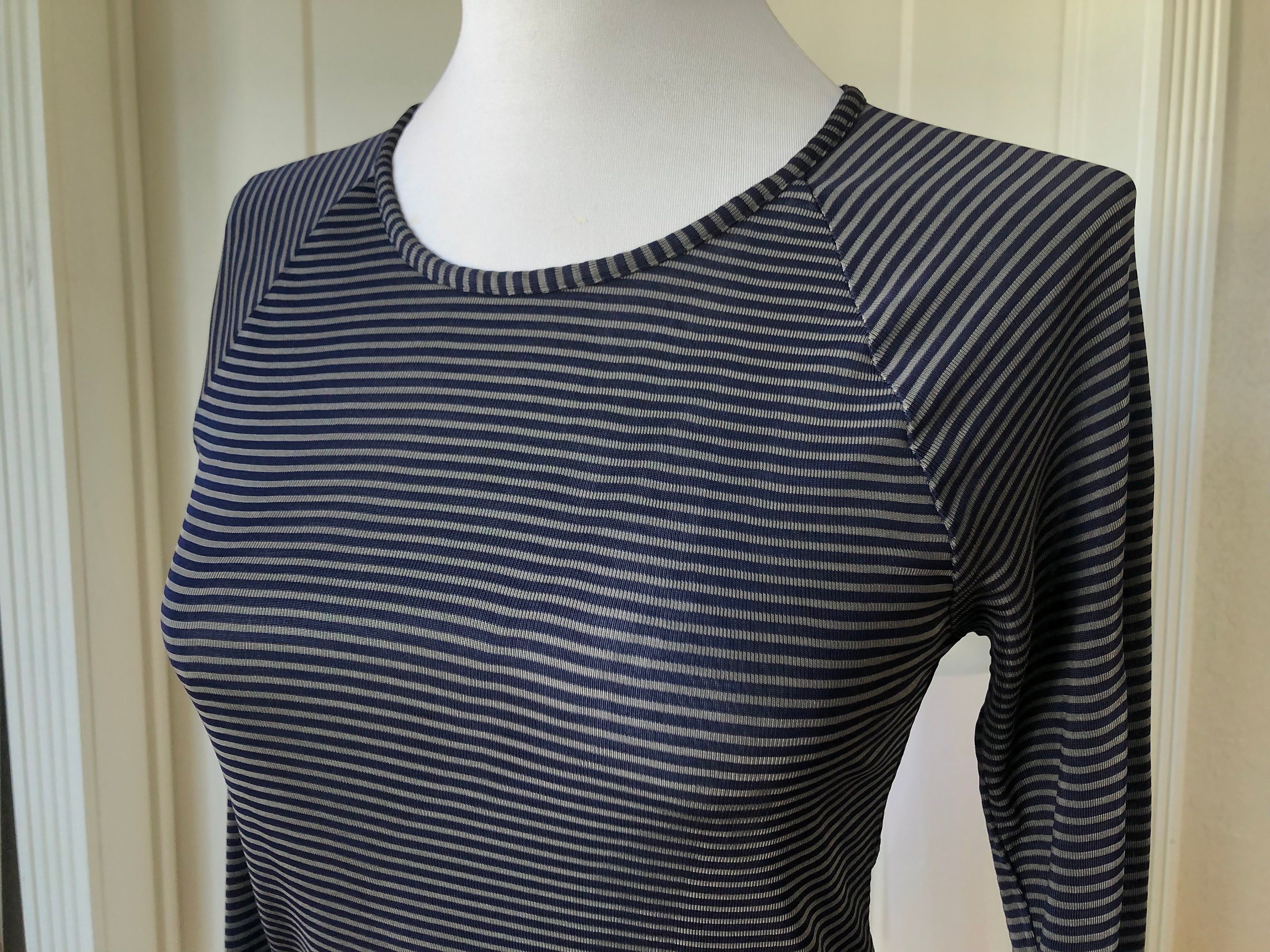 トップス 90s 00s DRIES VAN NOTEN RAGLAN SLEEVES Dries Van Noten Gray Navy Blue Stripe Knit Raglan Semi Sheer