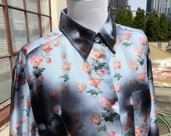 ACNE Studios Designer Silk Satin Twill Addle Boxy Oversize Button Up Oxford Blouse Blue Wallpaper Spray Paint Rose Print Floral Top S 36