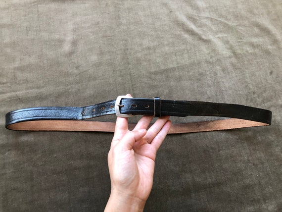 50s 60s Skinny Retro Black Leather Belt Steel Sil… - image 5