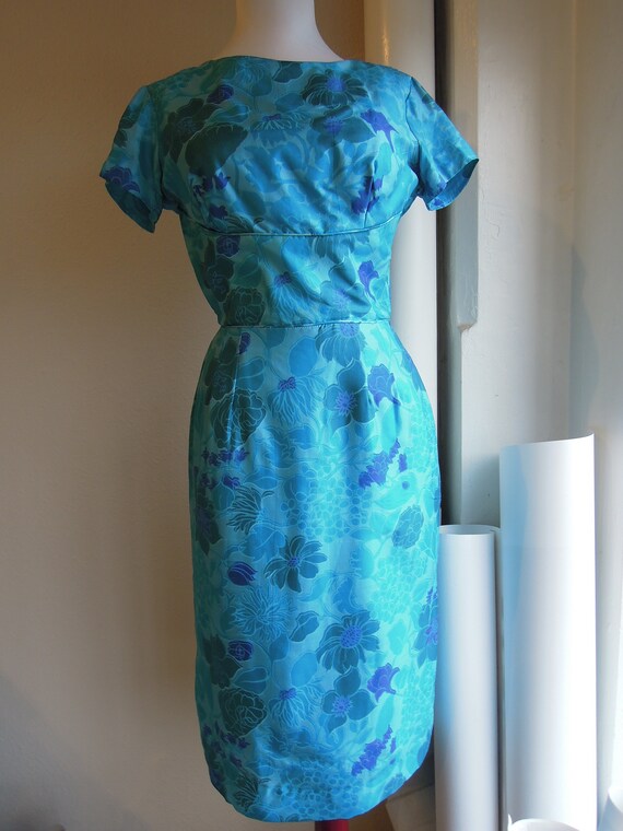 Vintage 50s 60s Silk turquoise vivid blue floral … - image 4