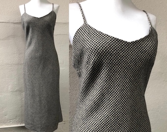 Sukienka z wełny tweedowej Ralph Lauren, rozmiar 4 S, czarna, kość słoniowa, kremowa, biała, długa, bez rękawów, ramiączka spaghetti, grunge, gotycki, kratka w kratkę