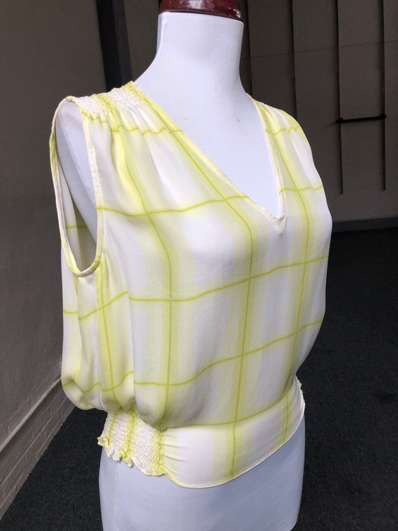 90s Silk Calvin Klein White Lime Green Windowpane… - image 3