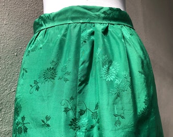 1950s Emerald Green Silk Antique Floral Woven Print Satin Handmade Midi Mid Length Pencil Flare A Line Skirt S XS 50s Vintage Silk 1960s 60s