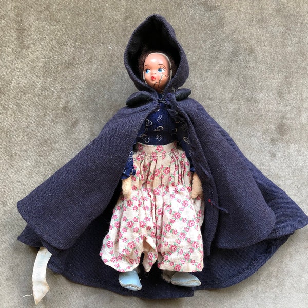 Antique Folk Art Doll Handmade Ahores Azores Spanish French Morocco Fatema AS IS Wool Hooded Cape 1960s 60s 1970s 70s Vintage Bonecas Ronoel