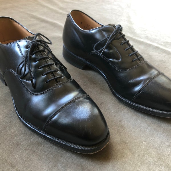 Johnston & Murphy Optima Black Cap Toe Mens Polished Dress Shoes US Mens size 8 D/B Lace Up Oxfords Classic Vintage 1990s 90s  Made in usa