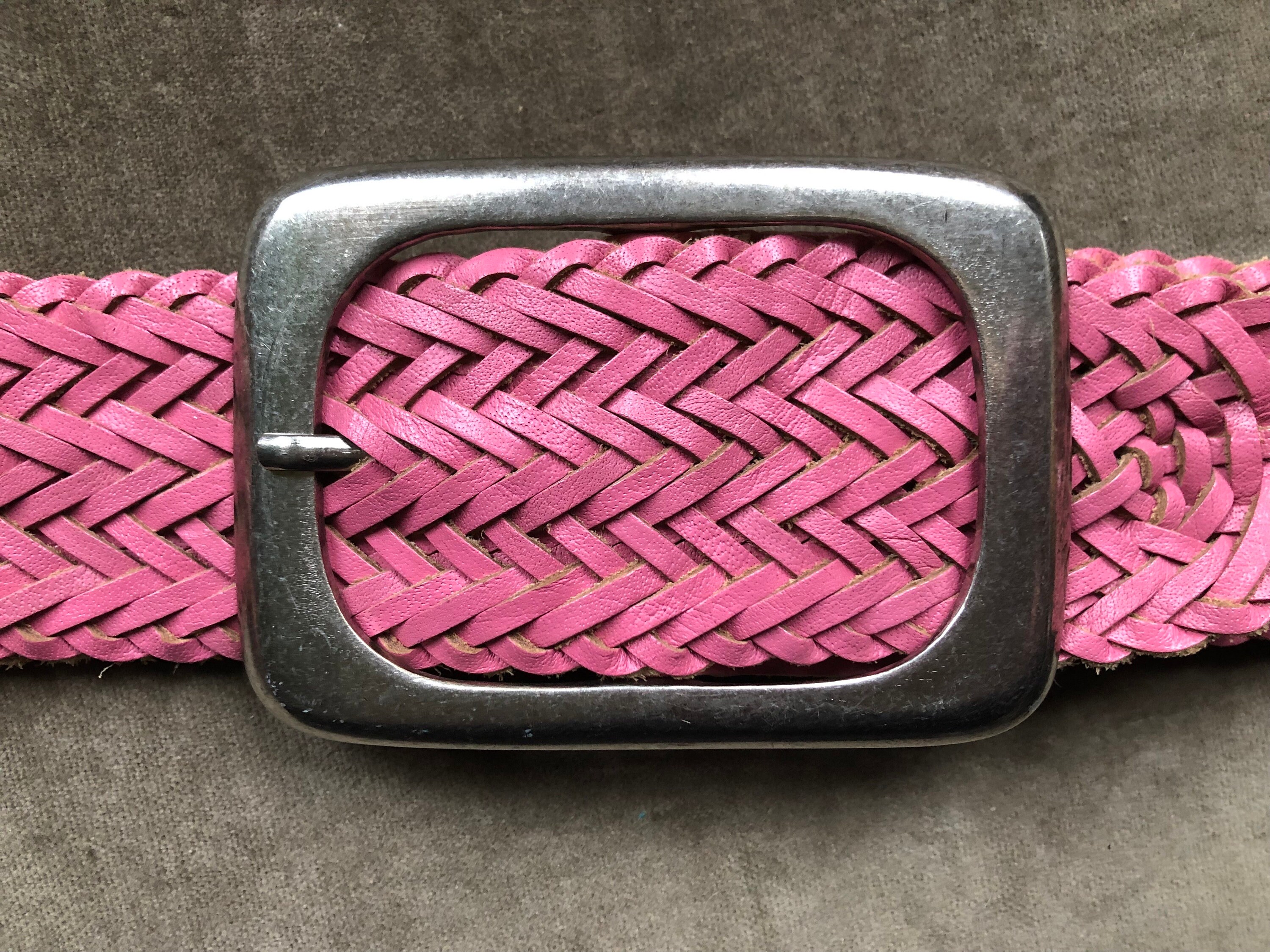 Y2k 90s Wide Pink Leather Woven Braided Retro Belt Steel Chunky