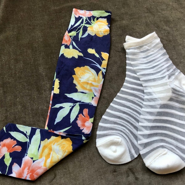 Navy Blue Floral Rose Print Trouser Thin Socks Compression Stockings Knee Calf + Sheer White Stripe Ankle size 5 6 7 XS S Adult Socks y2k
