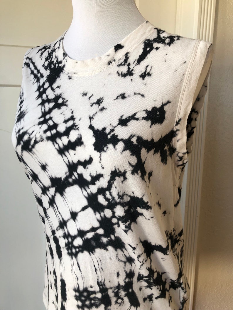 Raquel Allegra Designer Sleeveless Cotton Thin Knit Tee T Shirt Tank Distressed Tiedye Ink Splatter XS S California Boho White Black Grunge image 2