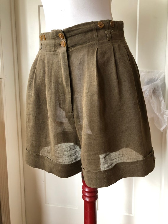 Olive Linen Sheer Woven High Waisted Flared Pleat… - image 4