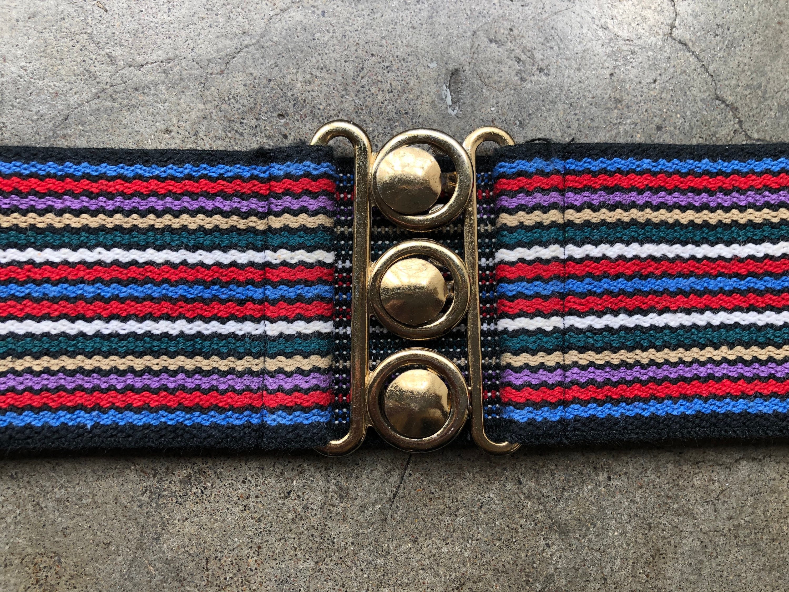 Vintage 90s rainbow striped woven cloth chord ribbon trim belt 1970s 80s Wide Cotton Stretch Retro Rainbow Striped Woven  main image 2