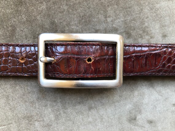 Skinny Dark Brown Croc Embossed Leather Belt 1990… - image 2