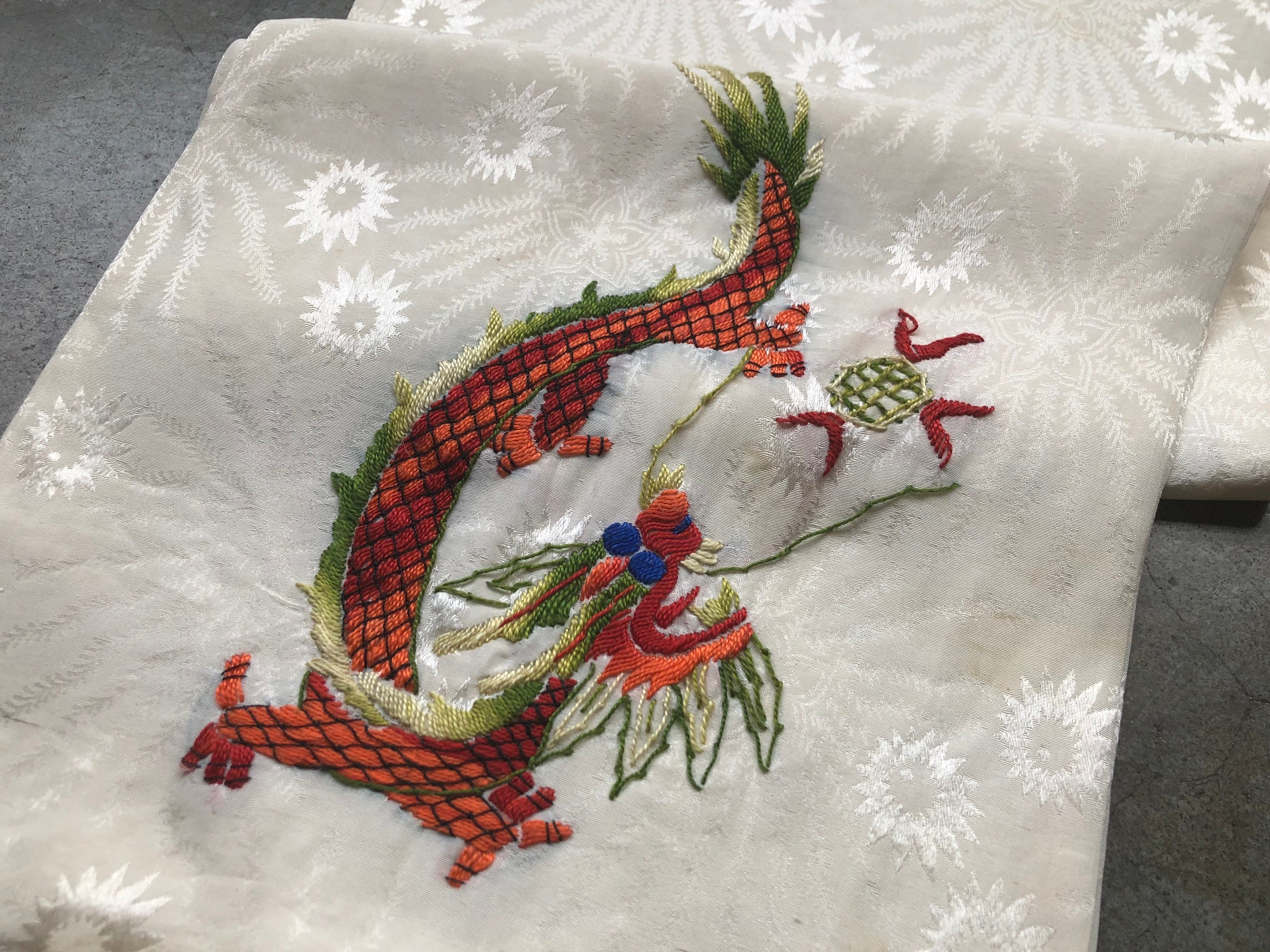1940s Art Deco Woven Silk Dragon Embroidered Chinese Asian Shawl Neck Scarf Ivory Cream Orange Red Green Retro 40s 1930s 30s Vintage Antique