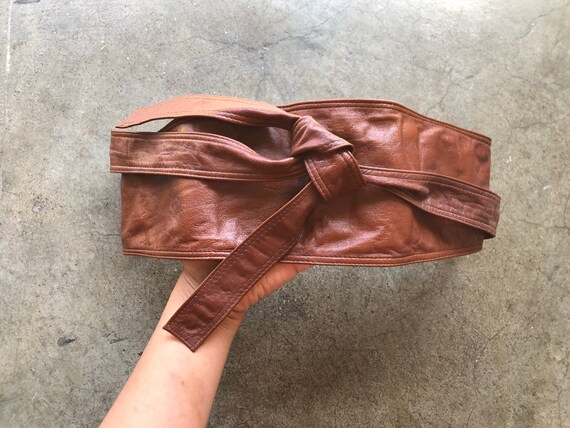 70s Brown Wide Thin Leather Sash Tie Fashion Belt… - image 9