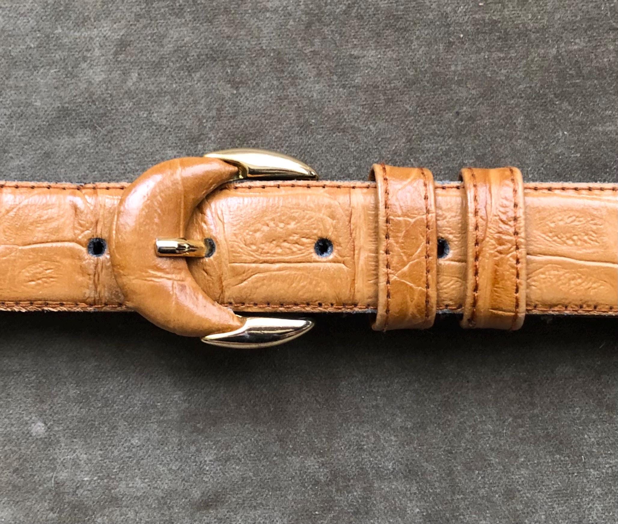 Vintage Italian Cognac Croc Embossed Leather Belt 1980s  display picture 3